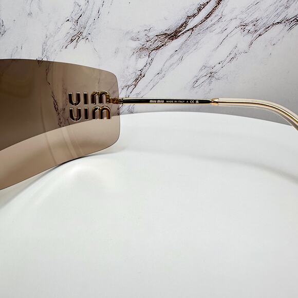 New MIU MIU Aube Sunglasses Gold Light Brown Mirror Bronze Rimless Wrap Womens main image 10